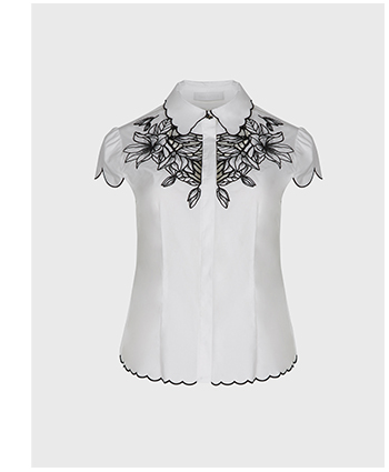 White Short Sleeve Poplin Shirt With Black Floral Embroidered Design