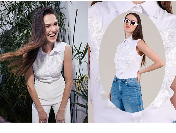 Sleeveless White Pima Jersey Cotton Shirt with Embroidered Floral Design