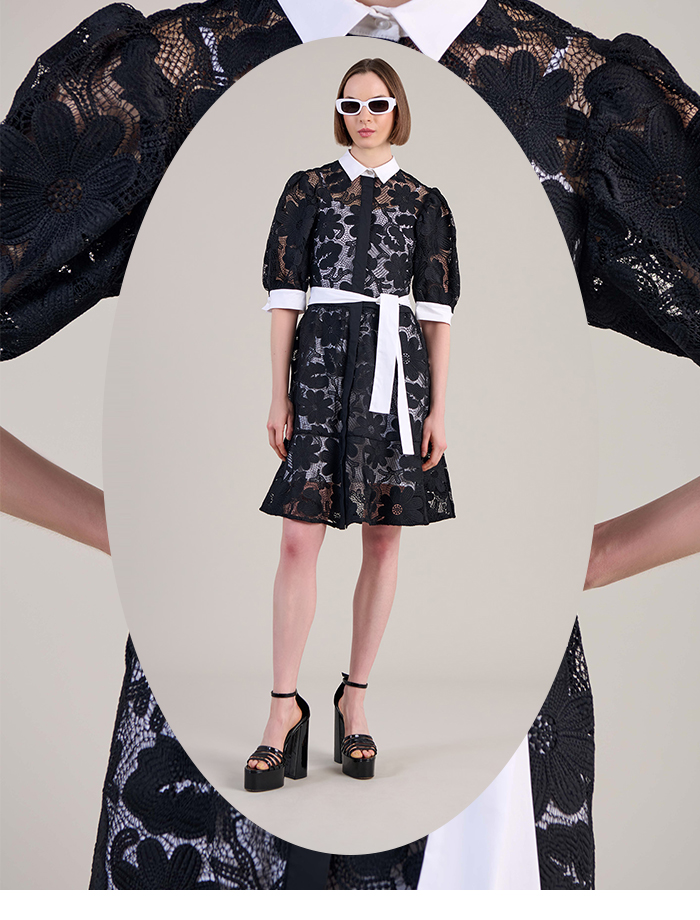 Natural Black Sheer Embroidered Lace Shirt Dress With White Poplin Collar, Cuffs and Removable Belt