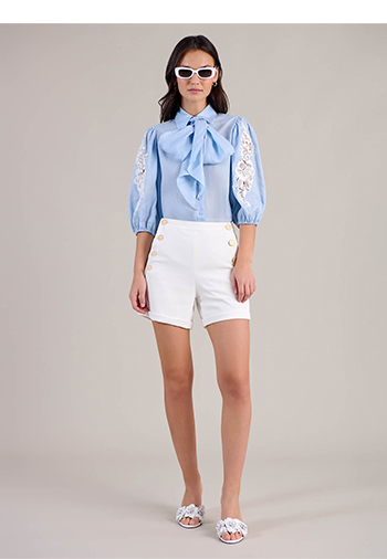 Light Blue Balloon Sleeve Linen Shirt With Lace Inserts and Removable Neck Tie