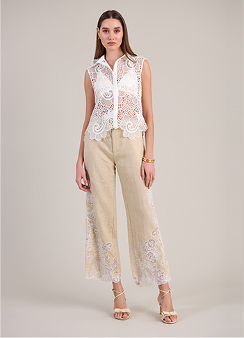Sleeveless White Lace Sheer Button Down Shirt with Scalloped Hem