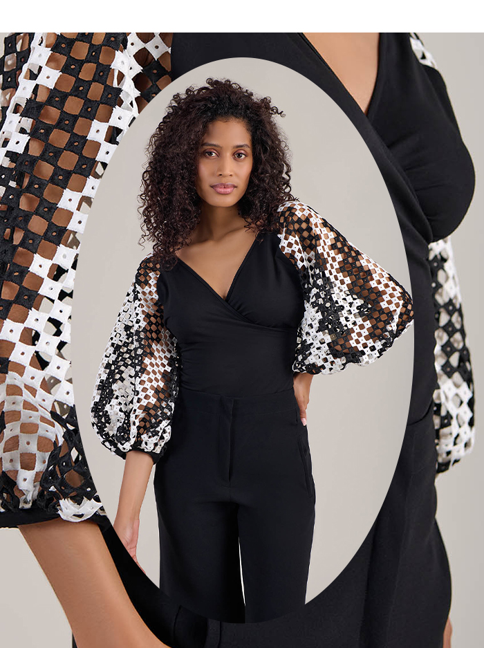 Black Jersey Faux Wrap Top With Black & White Geometric Jacquard Stripe Balloon Sleeves
