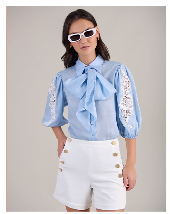 Light Blue Balloon Sleeve Linen Shirt With Lace Inserts and Removable Neck Tie
