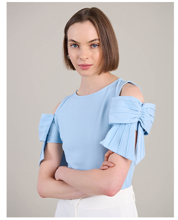 Riviera Blue Jersey Cotton Top With Cold Shoulders and Bow Detail