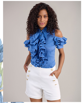 Blue Linen Shirt With Cold Shoulder, Covered Ruffle Placket And Corset Back