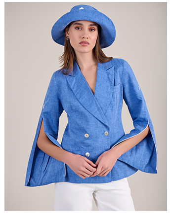 Chambray Blue Linen Structured Blazer With Pearl Buttons And Zippered Sleeves