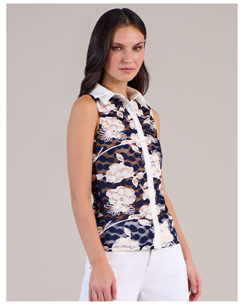 Navy Mesh Sleeveless Lace Button Down Shirt With White Floral Print