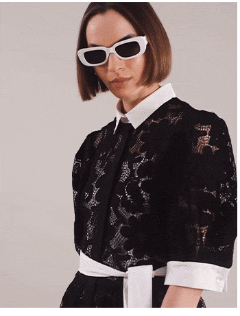 Natural Black Sheer Embroidered Lace Shirt Dress With White Poplin Collar, Cuffs and Removable Belt