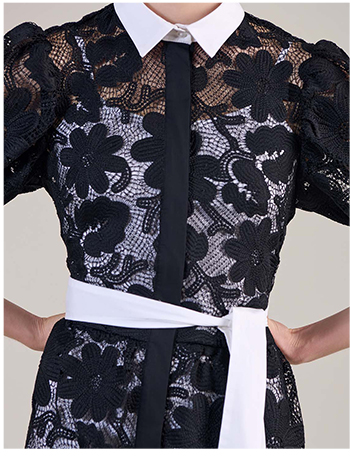 Natural Black Sheer Embroidered Lace Shirt Dress With White Poplin Collar, Cuffs and Removable Belt