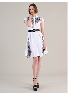 White Poplin Shirt Dress With Black Embroidery Detailing, Scalloped Hem, Pockets & Removable Belt