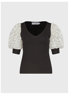 Black V-Neck Short Sleeve Top with White Open Lace Puff Sleeves