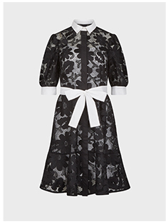 Natural Black Sheer Embroidered Lace Shirt Dress With White Poplin Collar, Cuffs and Removable Belt