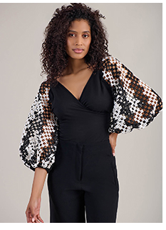 Black Jersey Faux Wrap Top With Black & White Geometric Jacquard Stripe Balloon Sleeves