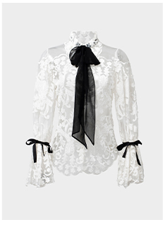 White Semi-Sheer Embroidered Lace Shirt with Flared Sleeves