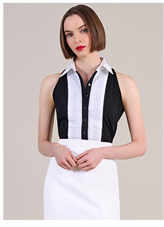 Black and White Sleeveless Shirt With Lace Ribbon Insert and Point Collar