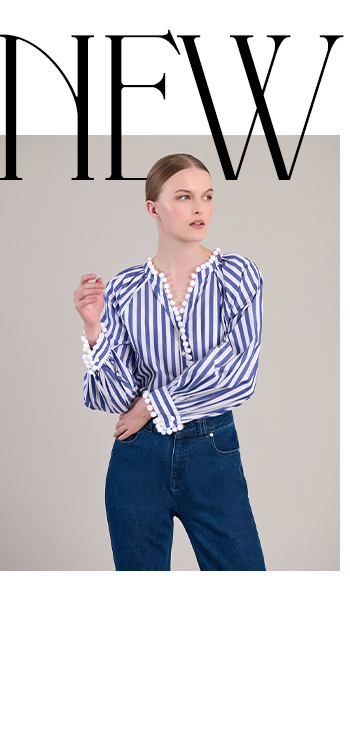 Blue and White Thin Striped Poplin Shirt With Pom-Pom Embellished Neckline and Front Placket