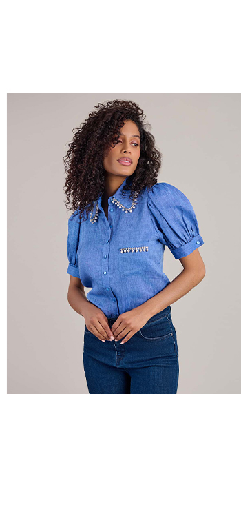 Blue Linen Shirt With Short Puff Sleeves and French Cuffs