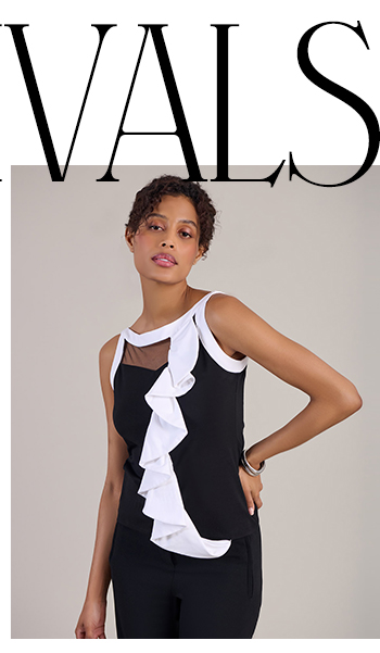 Black Sleeveless Jersey Top With Mesh Yoke & Cascading White Ruffle
