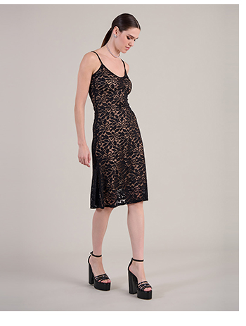 Black Thin Strap Floral Lace Midi Dress