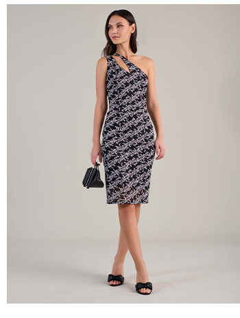 Black Sheer Mesh Midi Dress With Black Polka Dot and White Leaf Pattern