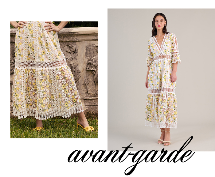Pastel Yellow Long Floral Lace Dress With Elbow Length Ruffle Sleeve and Daisy Lattice Trim
