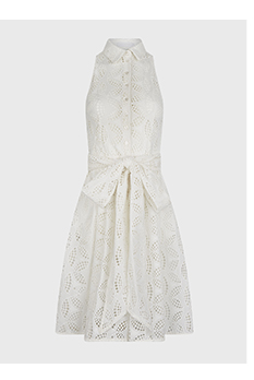 White Sleeveless Knee-Length Shirt Dress With Eyelet Pattern