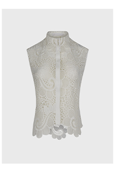 Sleeveless White Lace Sheer Button Down Shirt with Scalloped Hem
