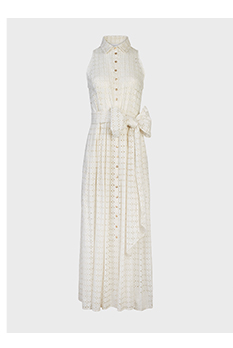 Long Cream Embroidered Eyelet Sleeveless Shirt Dress With Waist Belt