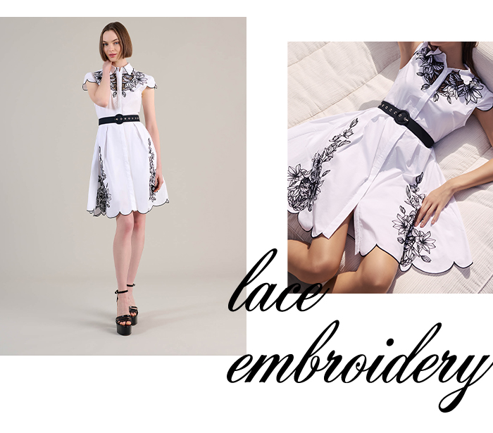 White Poplin Shirt Dress With Black Embroidery Detailing, Scalloped Hem, Pockets & Removable Belt
