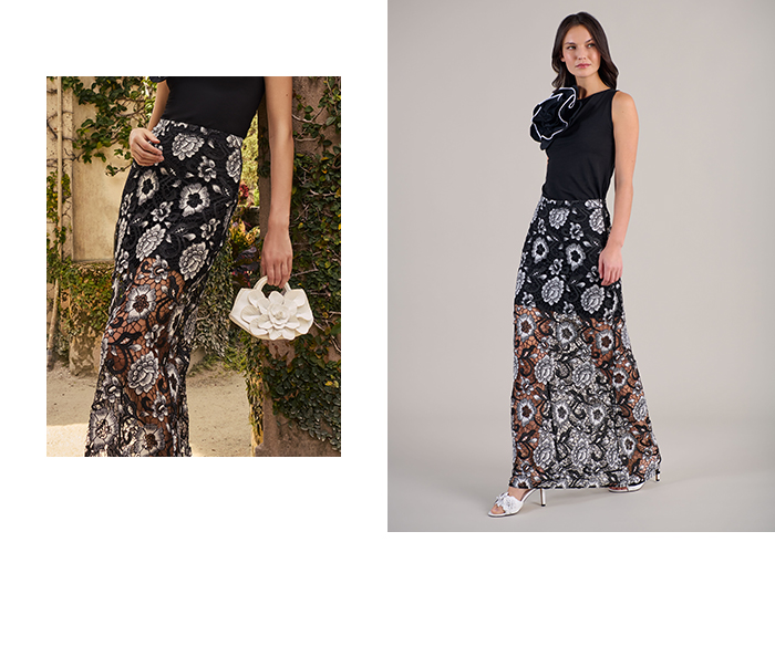 Black Sheer Maxi Skirt Featuring White Floral Designs and Removable Skirt Liner