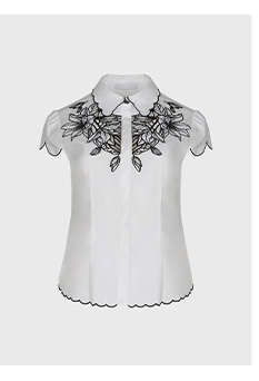 White Short Sleeve Poplin Shirt With Black Floral Embroidered Design