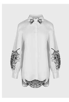White Long Sleeve Cotton Poplin Shirt With Black Embroidered Flowers
