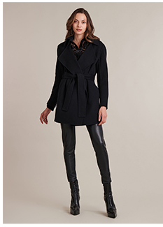 Black Belted Wool Blend Coat with a Large Notch Lapel