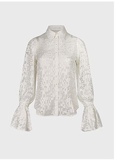 White Semi-Sheer Blouse With Point Collar & Geometric Pattern
