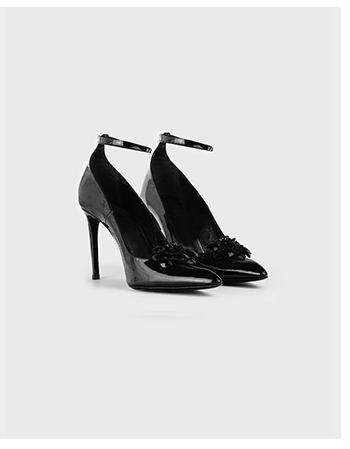 Black Patent Leather Pointed-Toe Heels with Removable Flowers