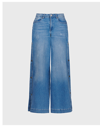 Wide Leg Denim Jeans With Metal Snaps