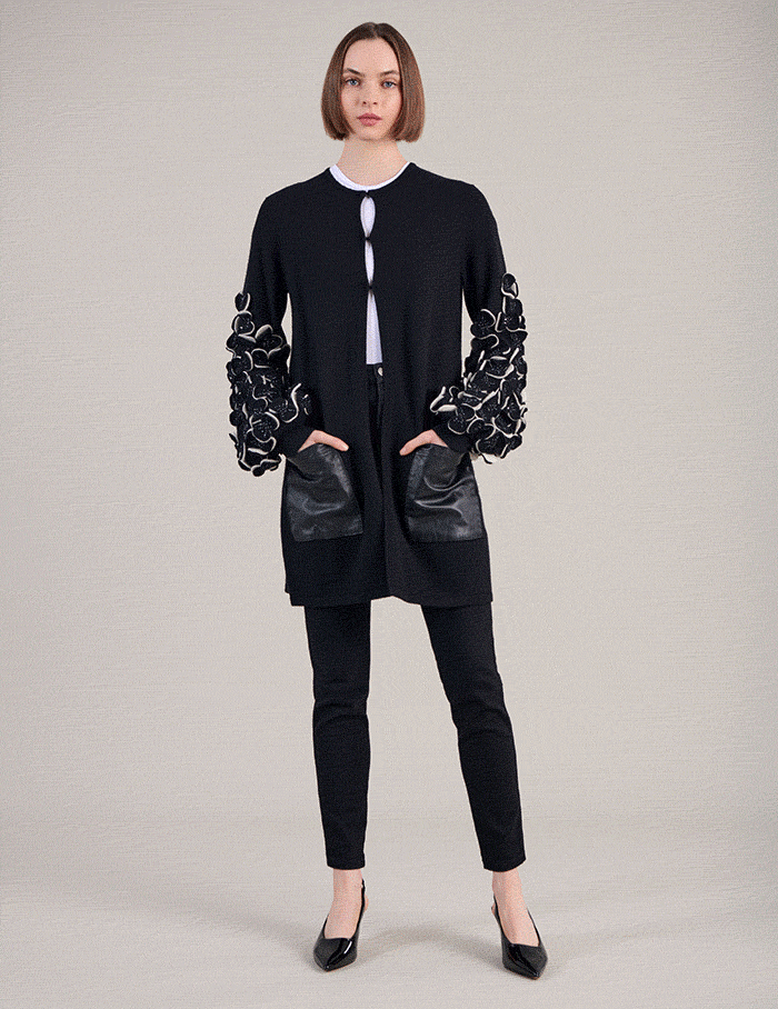 Knit Cardigan With Bi-color Petals on the Sleeves