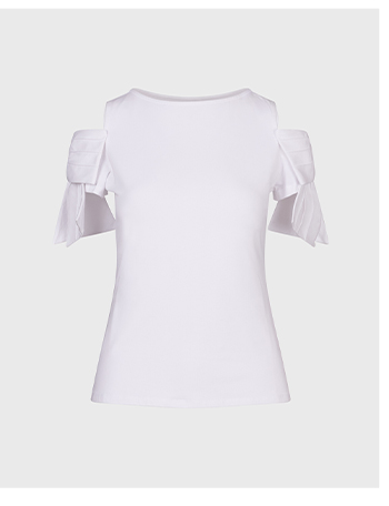 White Cold Shoulders Top and Bow Sleeves in Cotton
