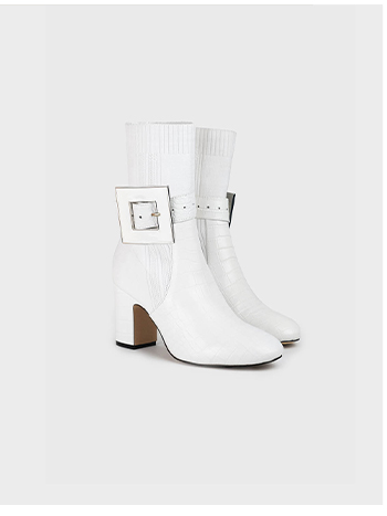 White Sock Boots With Croc-Embossed Details & Statement Gold Trim Removable Buckle