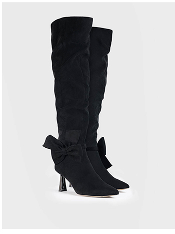 Black Suede Knee High Boot with Removable Bow