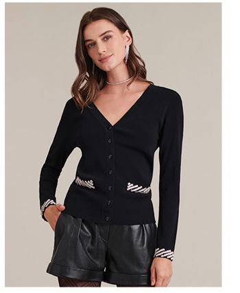 Black Long Sleeve Knit Cardigan With Faux Front Pockets Trimmed With Rhinestones