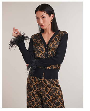 Brown Viscose Cardigan Featuring Snake Skin Print & Black Feathers At The Wrists