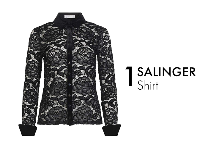 Black Lace Long Sleeve Shirt with Velvet Trim Detail