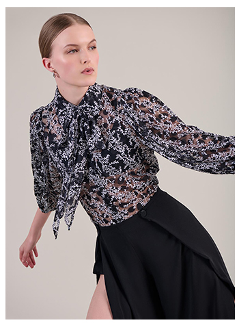 Black 3/4 Sleeve Sheer Shirt Featuring White Floral Applique and Removable Necktie