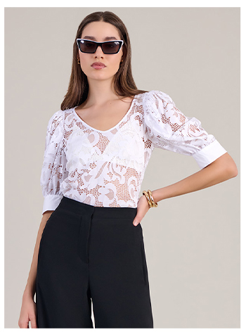 White Open Lace Work V-Neck T-Shirt With Puff Sleeves and Poplin French Cuffs