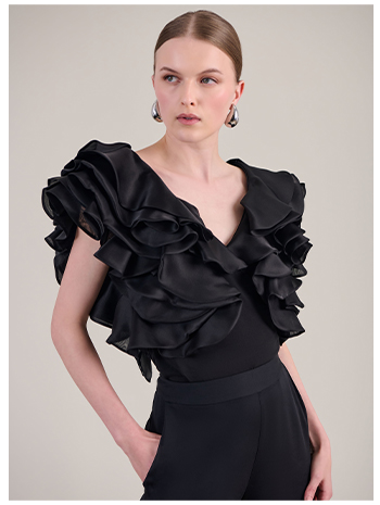 Black Pima Cotton Top with Flounced Organza Sleeves