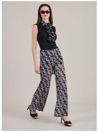 Black Wide Leg Sheer Pants With White Floral Applique Design