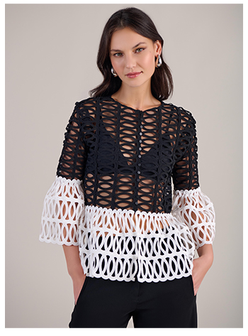 Geometric Peplum Net Blouse in Black and White