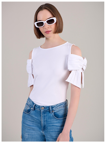 White Cold Shoulders Top and Bow Sleeves in Cotton