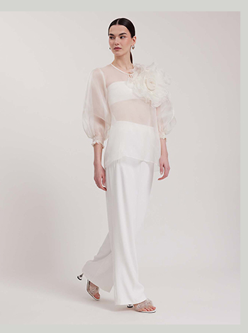 White Silk Blouse With 3D Flower